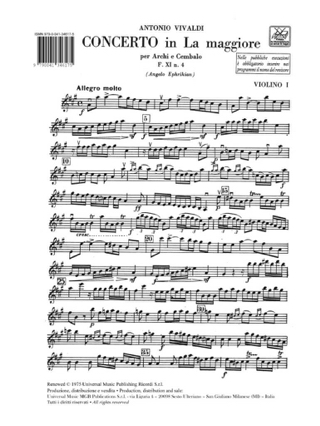 Concerto en La Maj. - F. 11 n° 4 - Matériel - VIVALDI - Partition